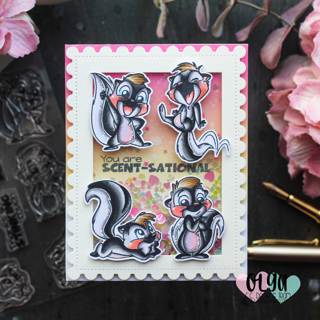 Shaker card with skunks