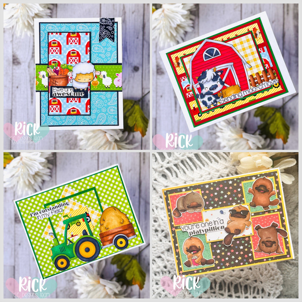 Four Encouragement Cards with C. C. Designs Farm Life, Down on the Farm, and Platypus Stamp Sets